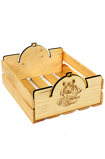 Коробка деревянная 125/X706-93 лоток прямоуг. с резными ручками- нов.год тигр в шарике